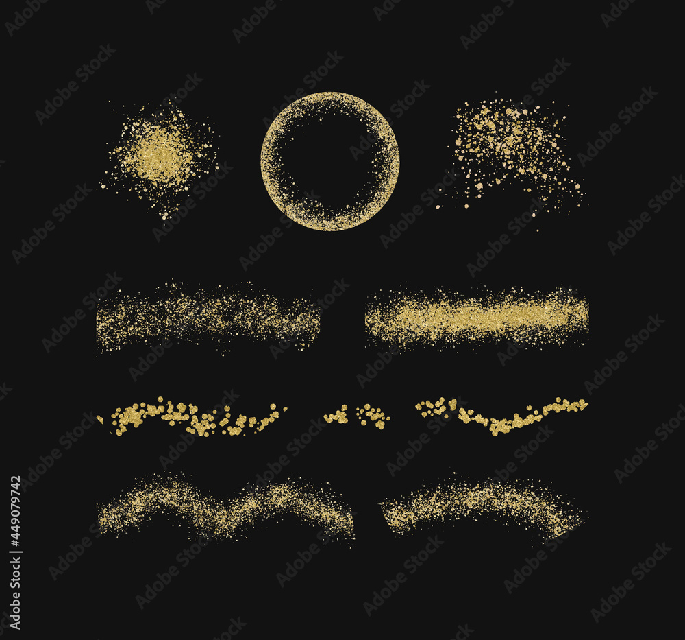 Gold glitter brush stroke confetti stripes. Vector illustration set.
