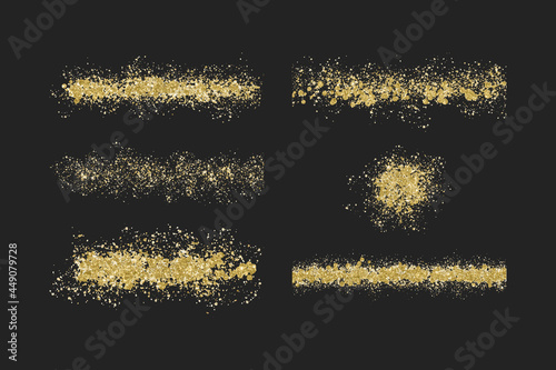 Gold glitter brush stroke confetti stripes. Vector illustration set.