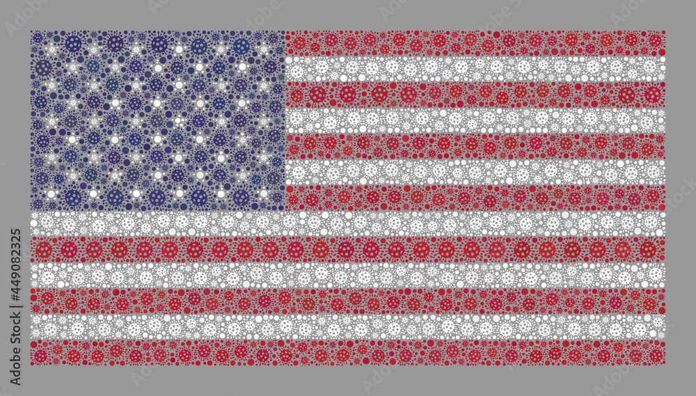 Fototapeta premium Mosaic USA flag created with cell icons. USA flag collage is organized of random pathogen icons. Vector coronavirus collage rectangular USA flag designed for vaccination purposes.