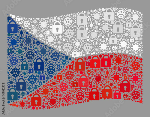Mosaic covid lockdown waving Czech flag constructed with locks and viral elements. Vector collage waving Czech flag constructed for medicare purposes.