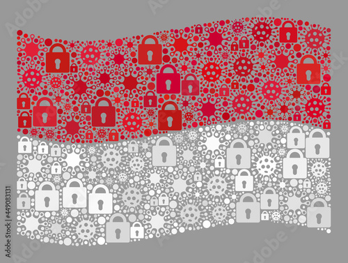 Mosaic covid lockdown waving Indonesia flag designed with locks and bacterium icons. Vector collage waving Indonesia flag created for health care propaganda.