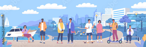Young people walk and communicate on the promenade of the resort town. Blue color vector cityscape and recreation area illustration
