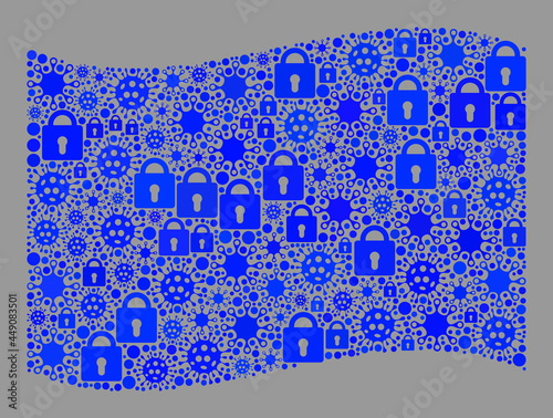 Mosaic coronavirus lockdown waving blue flag designed of locks and covid elements. Vector collage waving blue flag designed for epidemic applications.