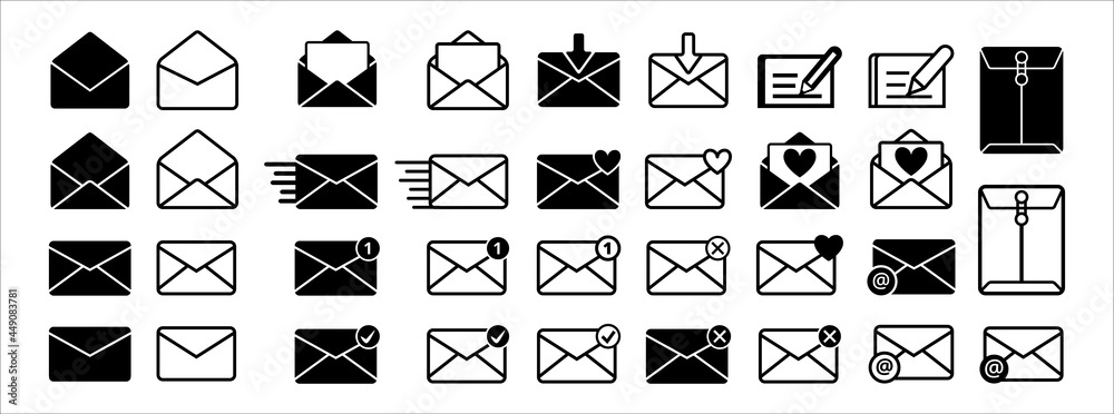 Message mail icon vector set. E-mail envelope icon illustration pack. Inbox, sending, opened, received, texting, write, favorite, love, sent, delivered, download of mail sign symbol. - obrazy, fototapety, plakaty 