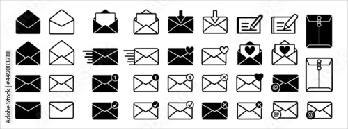 Message mail icon vector set. E-mail envelope icon illustration pack. Inbox, sending, opened, received, texting, write, favorite, love, sent, delivered, download of mail sign symbol. © great19
