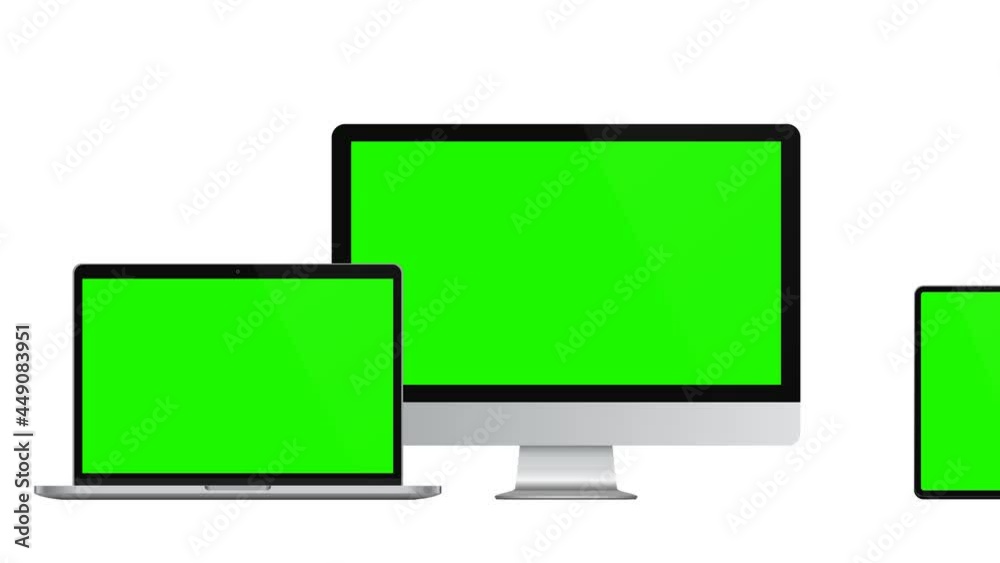Modern devices mockups: PC, laptop, tablet computer, smartphone with green screens. 4K animation for presentation on mockup screen