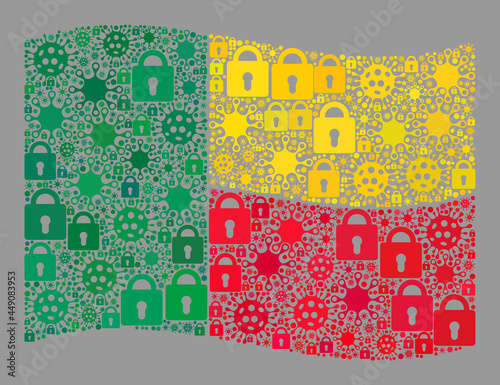 Mosaic covid lockdown waving Benin flag constructed with locks and contagious elements. Vector collage waving Benin flag designed for medicare projects.