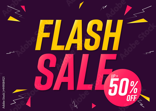 Flash Sale 50% off, poster design template. Discount banner for online shop, vector illustration.
