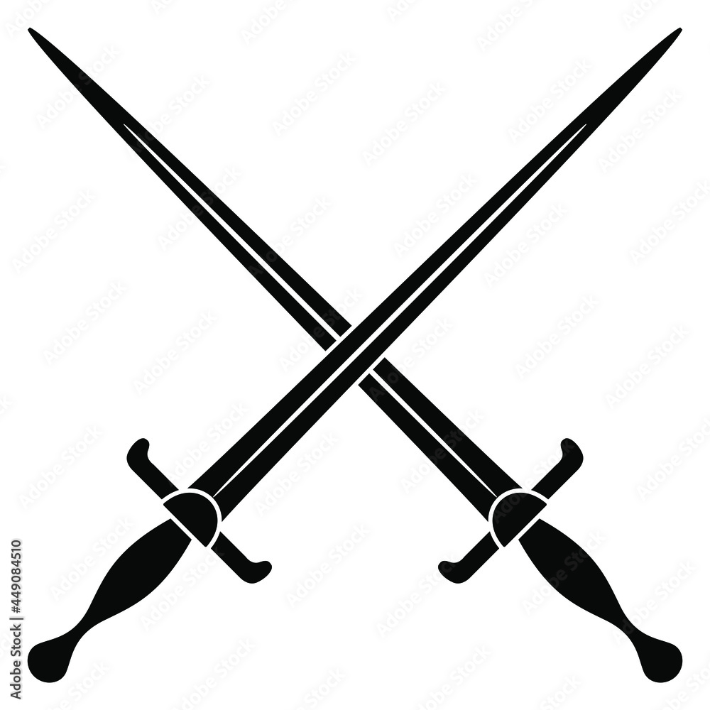 Weapon design with two crossed medieval swords. Black and white ...