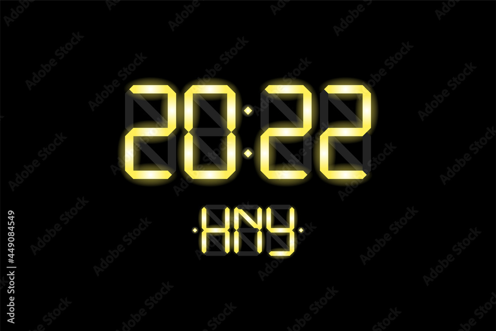 Happy New Year xmas holiday card with digital lcd electronic display clock number 2022 and HNY gold letters on black background. Merry Christmas celebration greeting calendar vector eps illustration