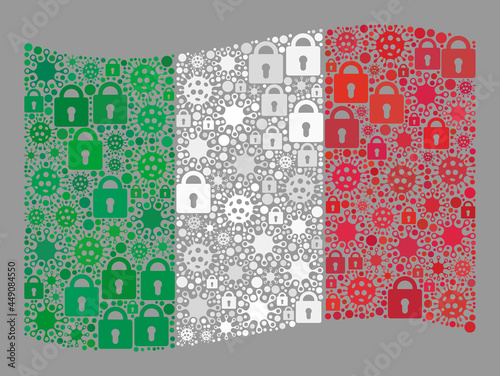 Mosaic coronavirus lockdown waving Italy flag designed of locks and virulent icons. Vector collage waving Italy flag done for epidemic projects.