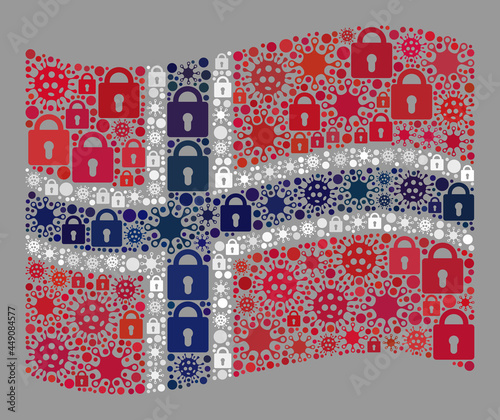 Mosaic coronavirus lockdown waving Norway flag designed of locks and coronavirus icons. Vector mosaic waving Norway flag designed for medicare projects.