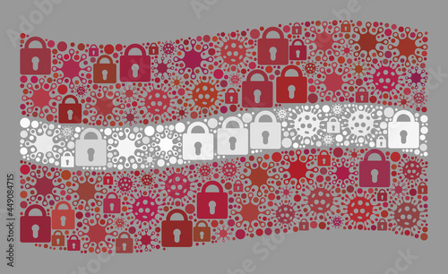 Mosaic covid lockdown waving Latvia flag created with locks and Covid-2019 elements. Vector collage waving Latvia flag combined for medicare applications.