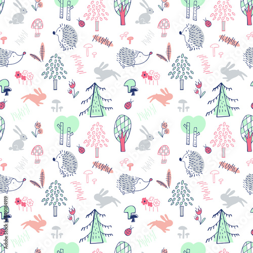 
endless pattern in childish style. Pattern with hedgehog, hare, mushrooms, trees, flowers, beetle, forest on a white background