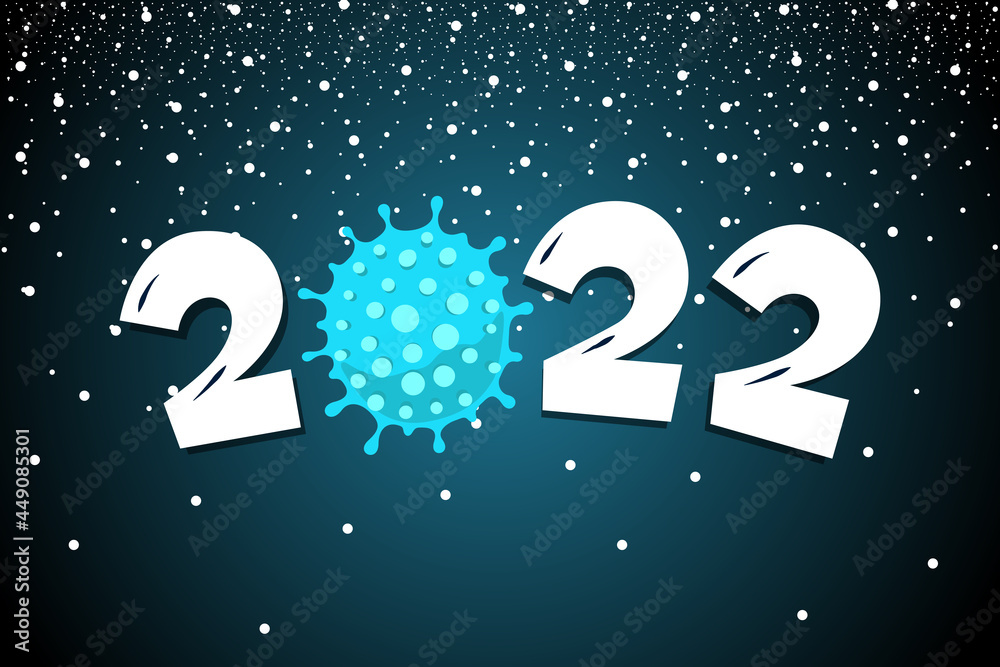 Happy New Year 2022 number with coronavirus COVID-19 epidemic icon on snowy night background. Holiday greeting card with snow and virus pandemic vector eps illustration design template