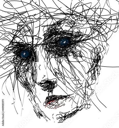 Drawing of a possessed, frightening, insane, crazy female. This is a 3-d illustration isolated on a white background.