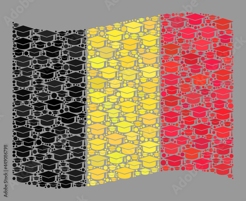 Mosaic waving Belgium flag designed of graduation cap elements. Graduation vector collage waving Belgium flag combined for academy projects. Belgium flag collage is made of random academy pictograms.
