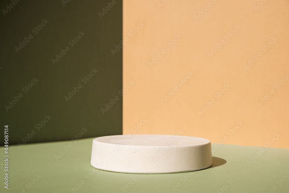 Abstract minimal scene with geometrical forms. Cylinder podiums on green and beige background. Abstract background. Scene to show cosmetic podructs. Showcase, display case. 3d render. Abstract minimal scene with geometrical forms. Cylinder podiums on green and beige background. Abstract background. Scene to show cosmetic podructs. Showcase, display case. 3d render.