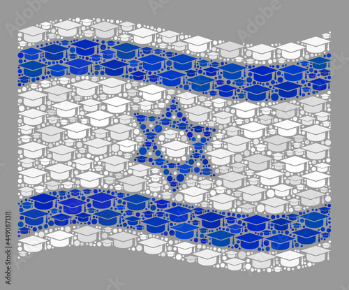 Mosaic waving Israel flag constructed with student cap elements. University vector mosaic waving Israel flag constructed for academy illustrations. photo