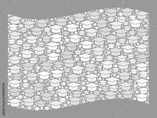 Mosaic waving white flag designed with graduation hat elements. Graduation vector collage waving white flag organized for bachelor wallpapers.