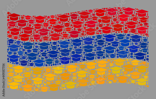 Mosaic waving Armenia flag designed of professor cap elements. University vector collage waving Armenia flag designed for educational wallpapers.