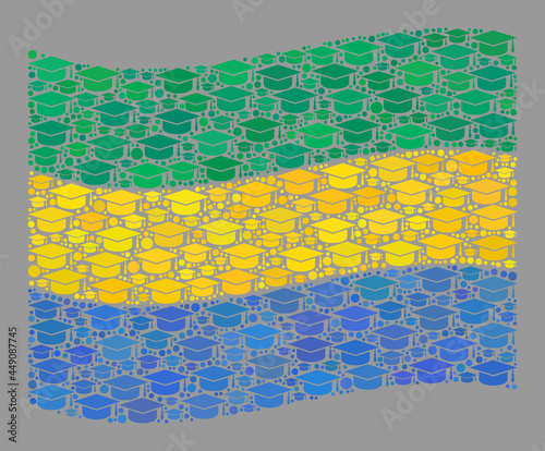 Mosaic waving Gabon flag designed with graduate hat elements. Graduation vector collage waving Gabon flag created for bachelor applications.
