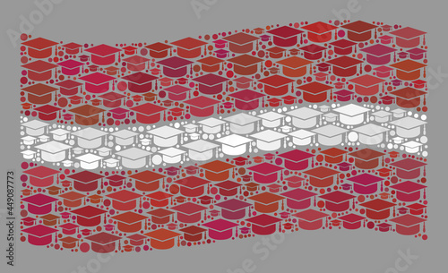 Mosaic waving Latvia flag designed of student hat items. Education vector collage windy Latvia flag done for intelligence apps. Latvia flag collage is done of random student particles.
