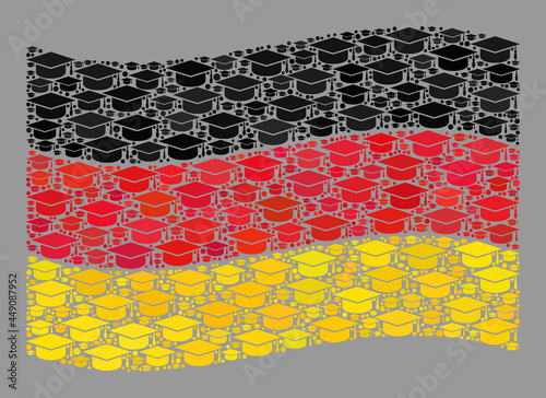 Mosaic waving Germany flag designed of graduation hat elements. Graduation vector collage waving Germany flag designed for degree applications.