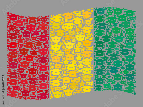 Mosaic waving Guinea flag created with professor hat elements. Graduation vector mosaic waving Guinea flag designed for degree posters. Guinea flag collage is designed with random academic particles.