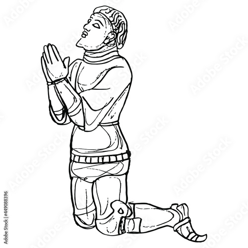 Praying kneeling medieval knight. Man wearing armor. Hand drawn linear doodle rough sketch. Black silhouette on white background.