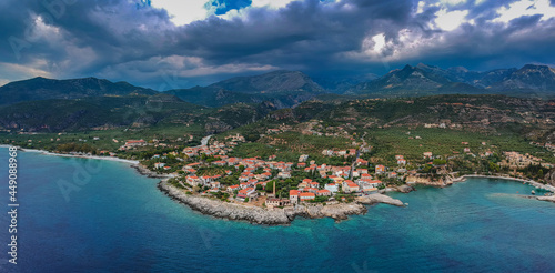 Fototapeta Naklejka Na Ścianę i Meble -  Aerial view of the wonderful seaside village of Kardamyli, Greece located in the Messenian Mani area. It's one of the most beautiful places to visit in Greece, Europe