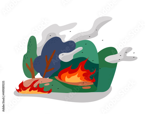 Mountains are on fire and smoke is rising. single image. flat design style minimal vector illustration.