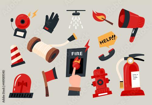 A collection of firefighters equipment. flat design style minimal vector illustration.