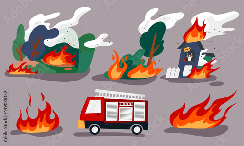 A burning forest, a man trapped in a burning house, and a fire engine. flat design style minimal vector illustration.