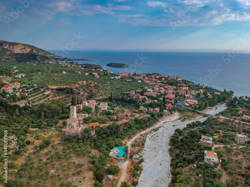 Aerial view of the wonderful seaside village of Kardamyli, Greece located in the Messenian Mani area. It is one of the most beautiful places to visit in Greece, Europe