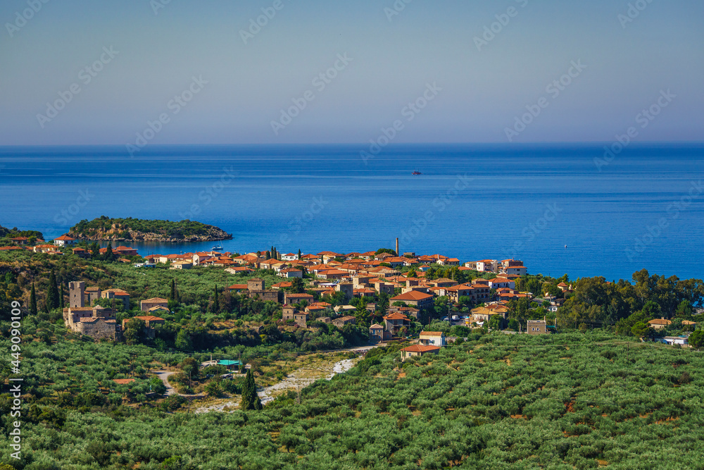 Aerial view of the wonderful seaside village of Kardamyli, Greece located in the Messenian Mani area. It's one of the most beautiful places to visit in Greece, Europe
