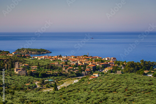 Aerial view of the wonderful seaside village of Kardamyli, Greece located in the Messenian Mani area. It's one of the most beautiful places to visit in Greece, Europe photo