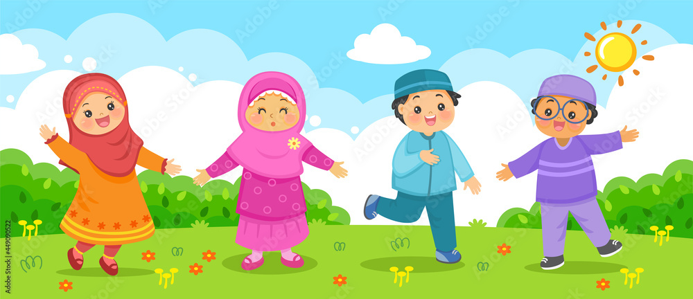 Happy Kids In Garden Stock Vector Adobe Stock Happy Kids In Garden Stock Vector Adobe Stock