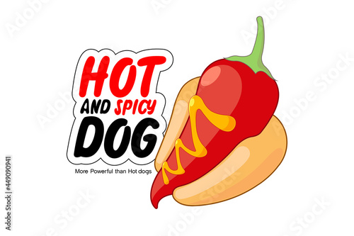Concept of spicy hot dog that replace sausage with chili pepper and call it “Hot and spicy dog”. Design for presentations, portfolio, banners, business, print on T-shirt. Vector, illustration.
