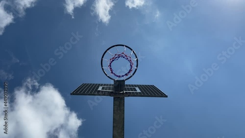 Basketball hits with a bounce from the metal board. view from below. view from below