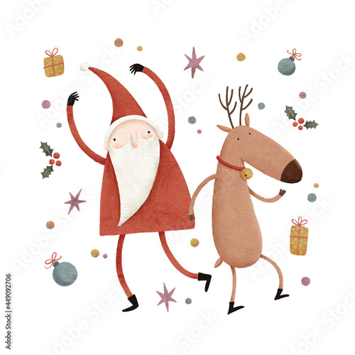 Happy Santa Claus and reindeer dancing. Digitally hand drawn illustration for winter holidays.
