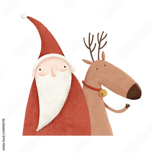 Digitally hand drawn illustration of Santa Claus and reindeer. Whimsical characters for winter holidays.