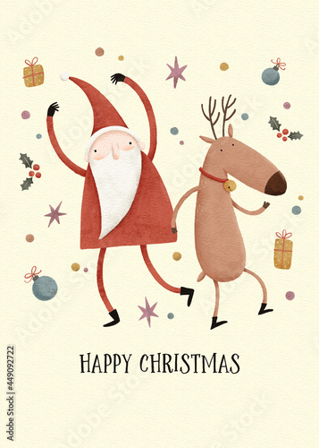 Winter holiday greeting card design with hand drawn Santa Claus and reindeer. Happy Santa Claus and reindeer dancing.