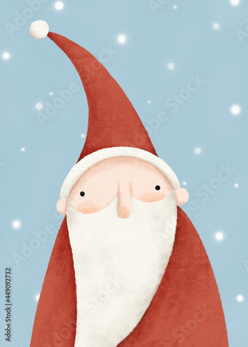 Hand drawn illustration of Santa Claus on snowy daytime sky background.