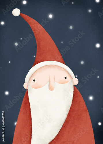 Hand drawn illustration of Santa Claus on snowy night sky background.