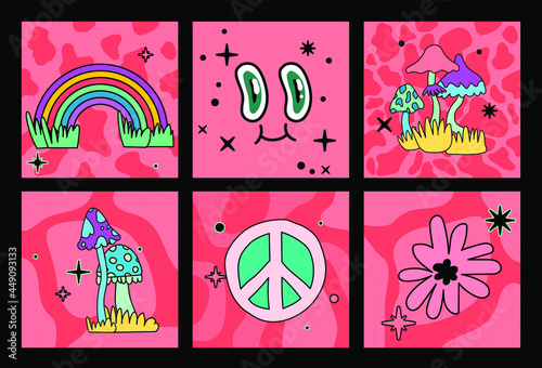 Set of psychedelic 70's style cartoon illustrations: rainbow, mushroom and peace sign.