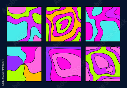 Set of psychedelic the 70's style backgrounds with melting flowing abstract shapes.