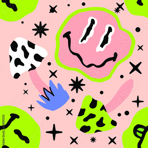 Psychedelic seamless pattern with mushrooms and melting faces. The 1970's like style.