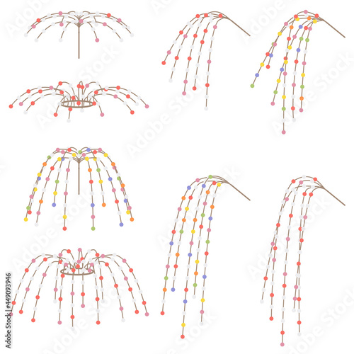 正月飾り 枝についた色とりどりのもち玉飾り（まゆ玉）のベクターイラスト バリエーションセット