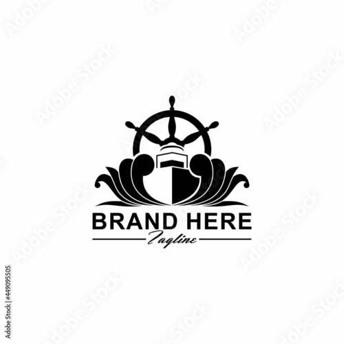 Ship logo design with waves and ship rudder